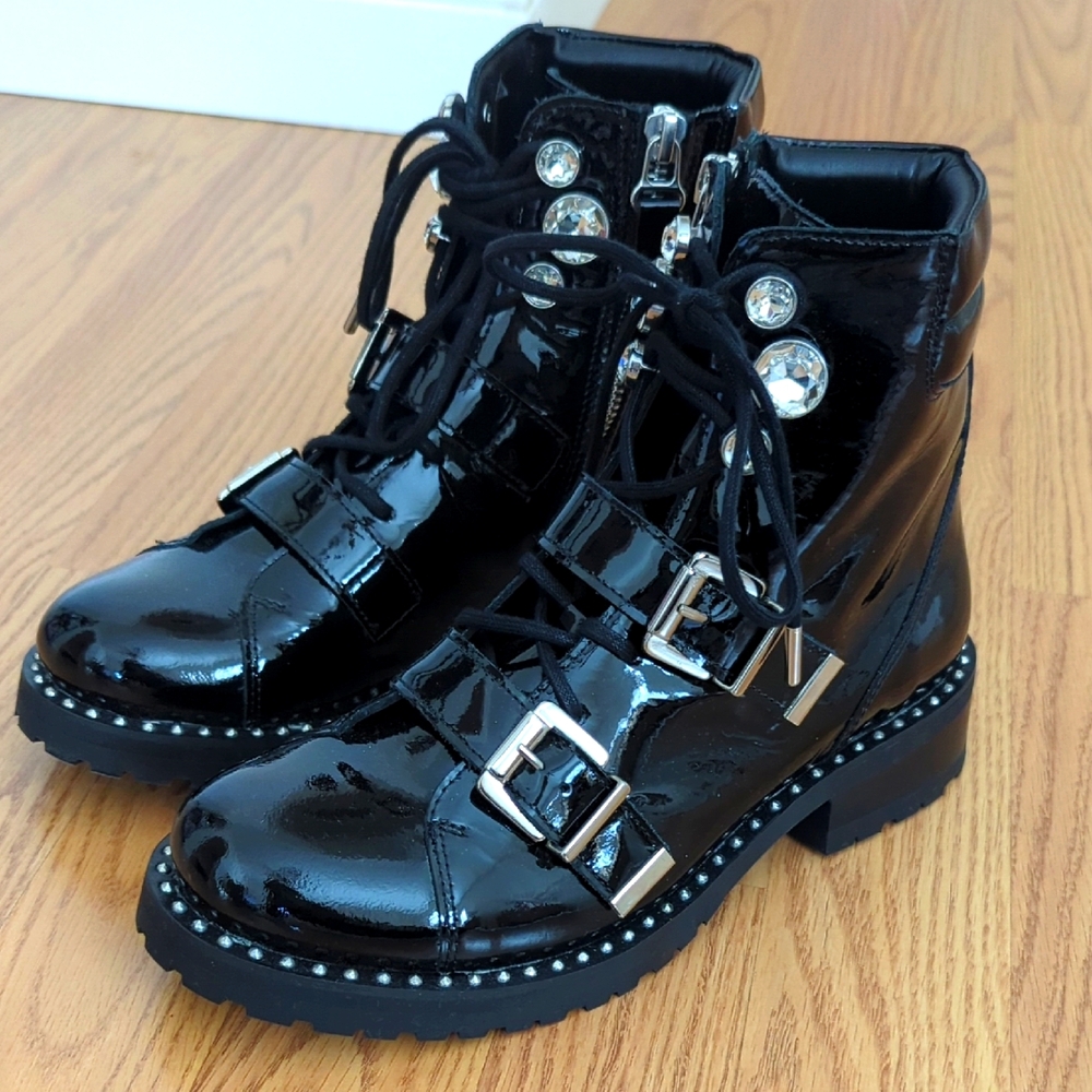 NEW Sophia Webster Ziggy Black Patent Leather Biker Boots 37